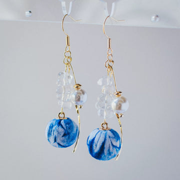 Crystal & Pearl Earrings with Indigo Tie-Dye Charm