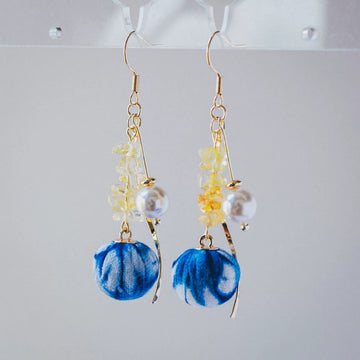 Crystal & Pearl Earrings with Indigo Tie-Dye Charm