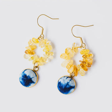 Crystal Hoop Earrings with Indigo Tie-Dye Charm