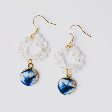 Crystal Hoop Earrings with Indigo Tie-Dye Charm