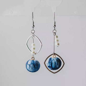 Indigo Tie-Dye & Pearl Asymmetrical Earrings
